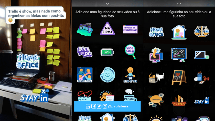 Stories publicado no Linkedin, e figurinhas disponíveis no app